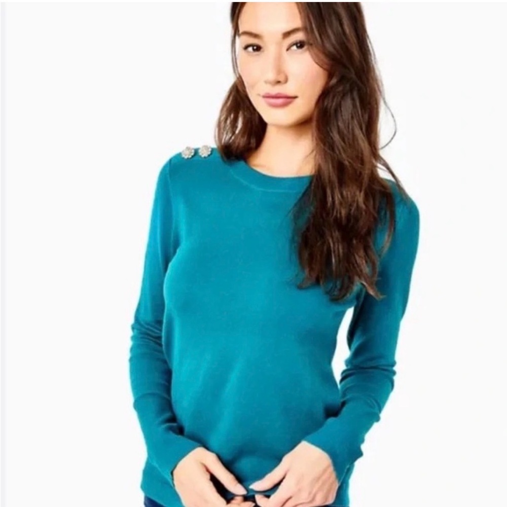 Lilly Pulitzer Morgen Teal Long Sleeve Sweater with Embellished Buttons- S